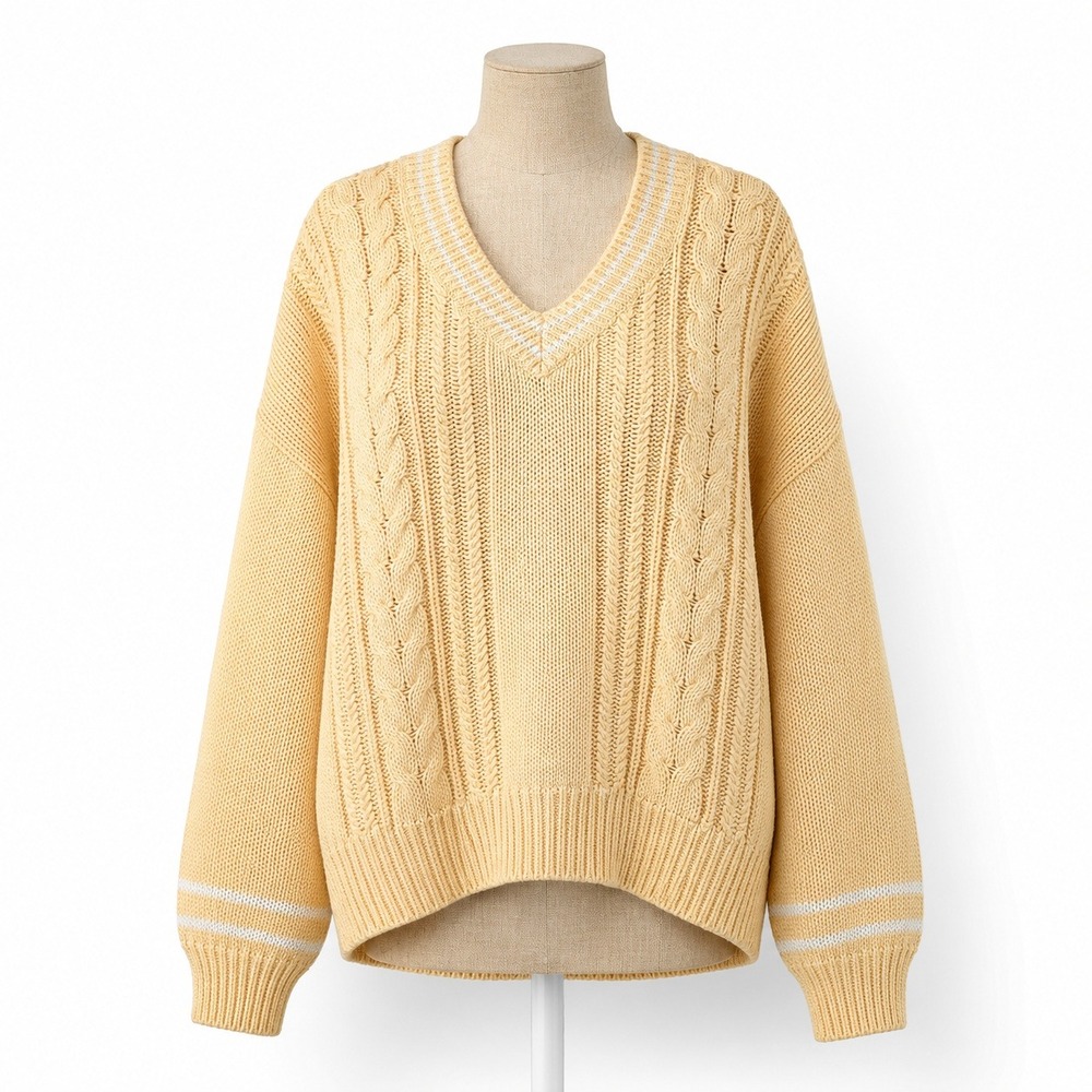 Vintage 90s Cable Knit Varsity Sweater Sz M Orange Oversized Tennis Prep CLassic